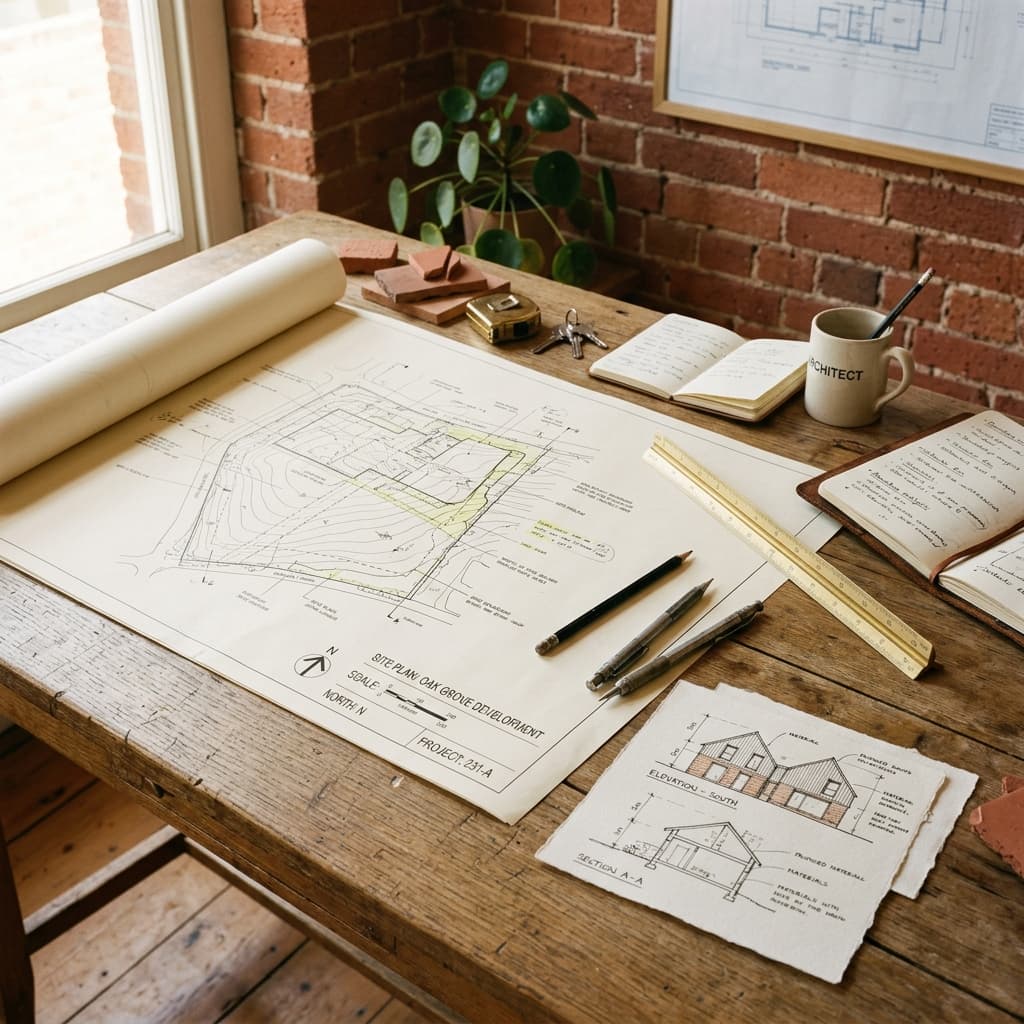 Architect's site planning desk with plot boundary drawings, scale ruler, and building elevation sketches